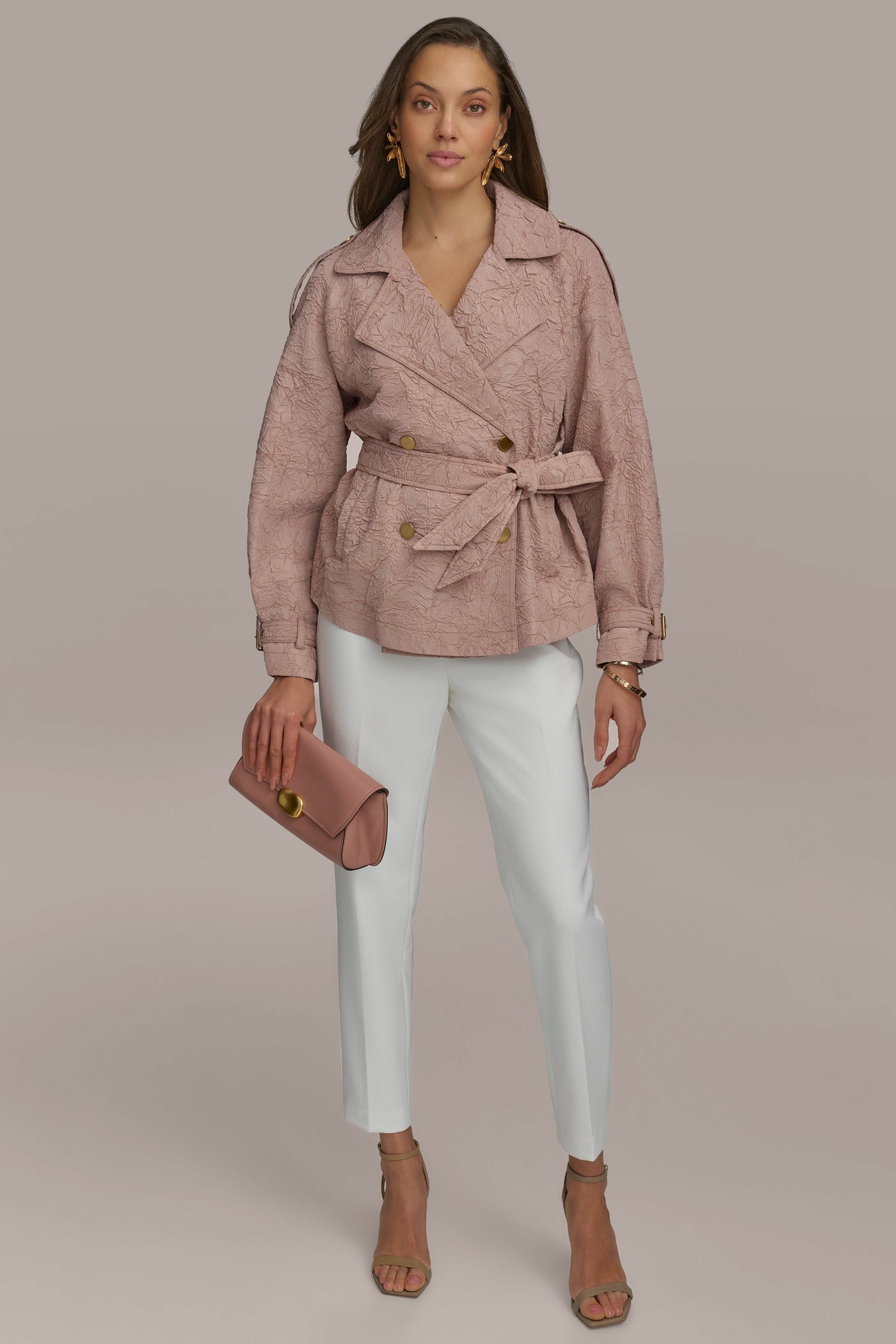 APRICOT HAZE TEXT BUTTON JACKET WITH TIE Donna Karan