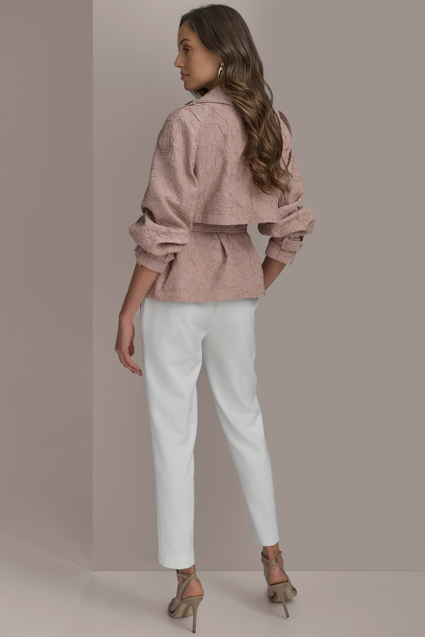 APRICOT HAZE TEXT BUTTON JACKET WITH TIE Donna Karan