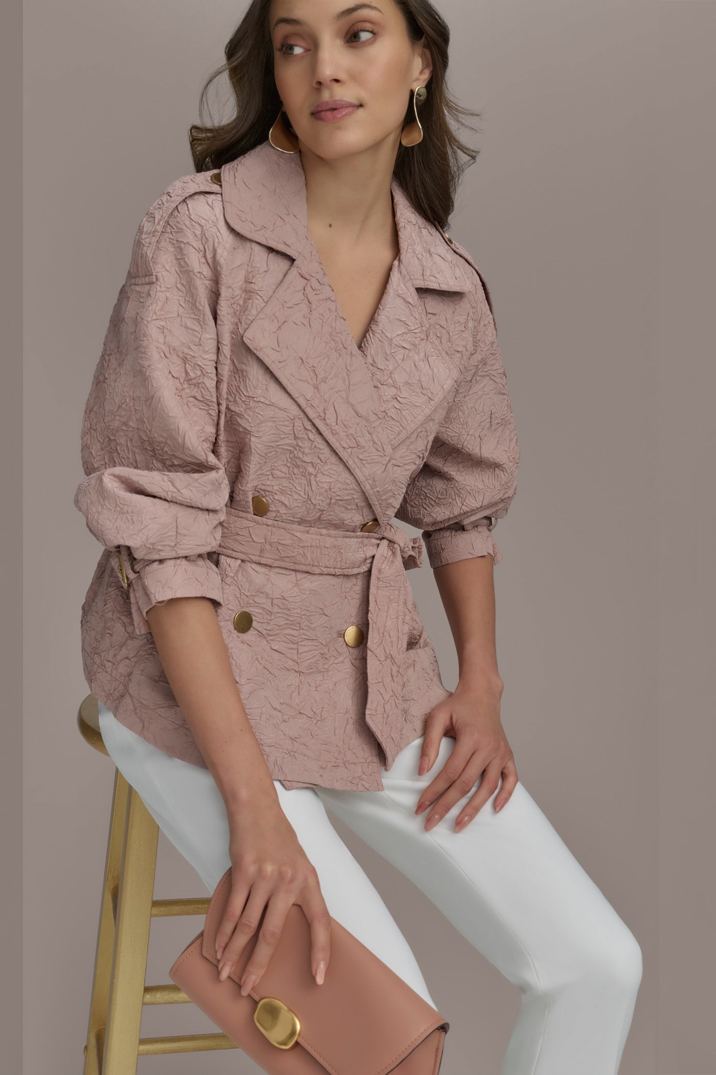 APRICOT HAZE TEXT BUTTON JACKET WITH TIE Donna Karan