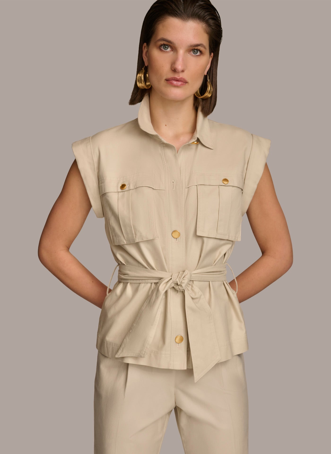 Sand BELTED JACKET WITH POCKETS Donna Karan