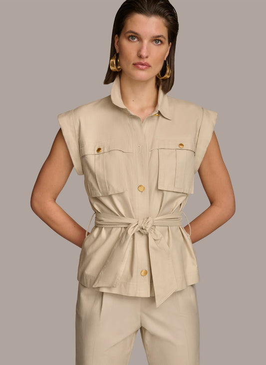 Sand BELTED JACKET WITH POCKETS Donna Karan