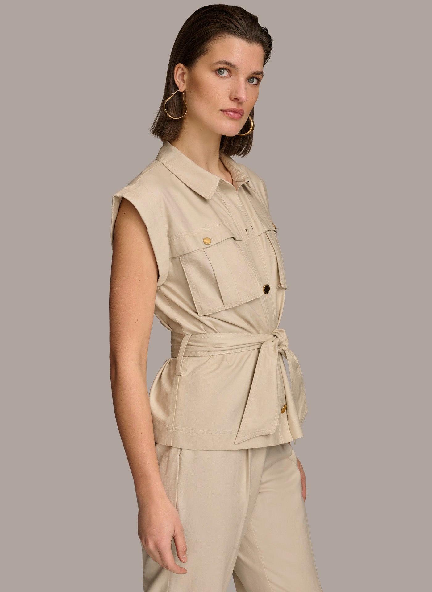 Sand BELTED JACKET WITH POCKETS Donna Karan