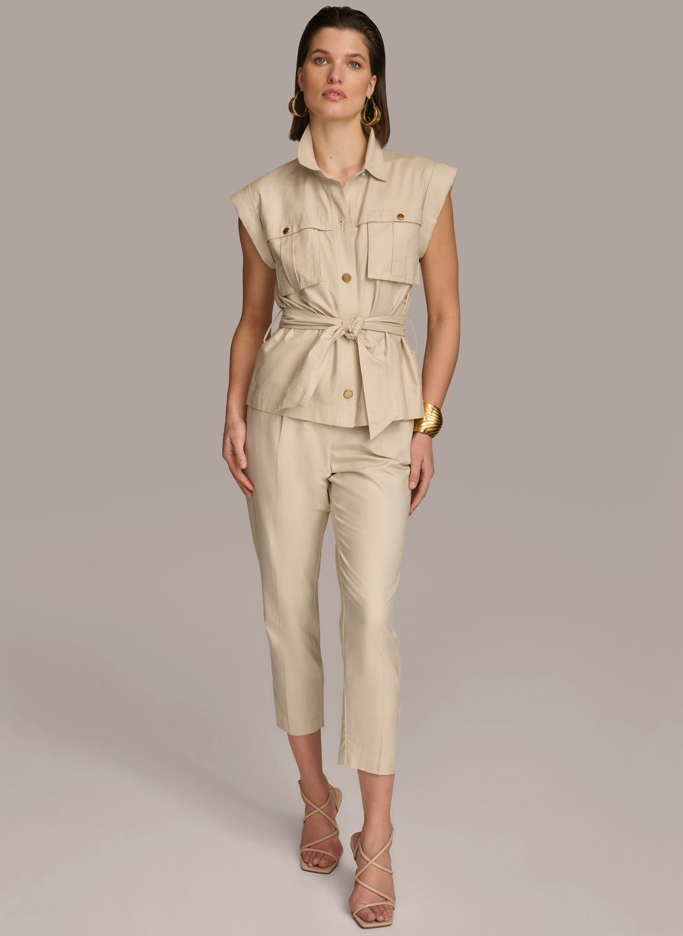Sand BELTED JACKET WITH POCKETS Donna Karan