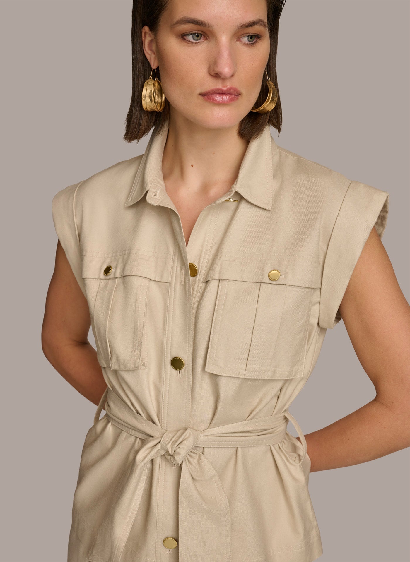 Sand BELTED JACKET WITH POCKETS Donna Karan
