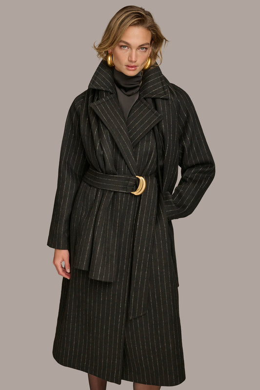 Chalk/Black Stripe WOOL LONG COAT Donna Karan
