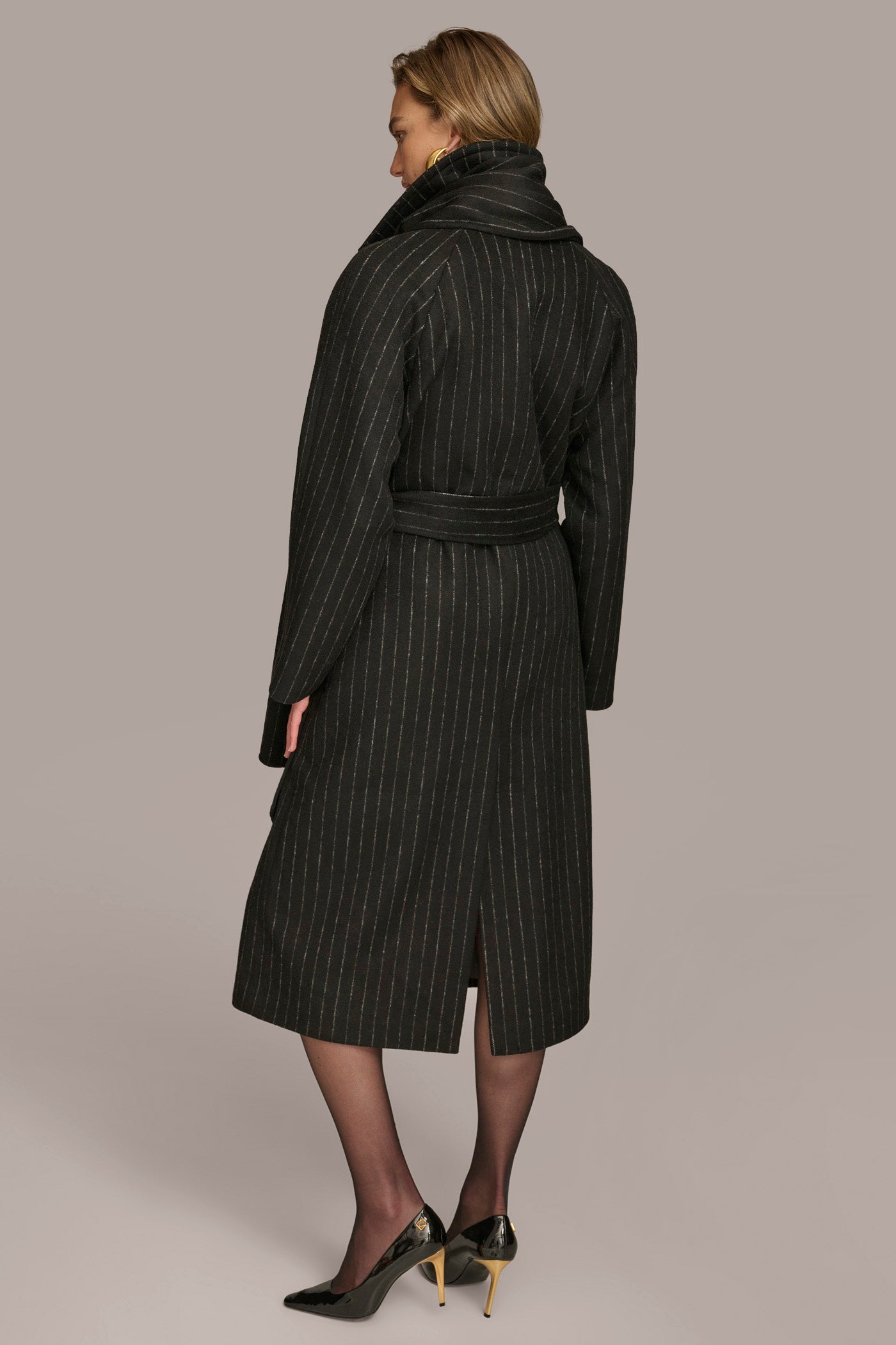 Chalk/Black Stripe WOOL LONG COAT Donna Karan