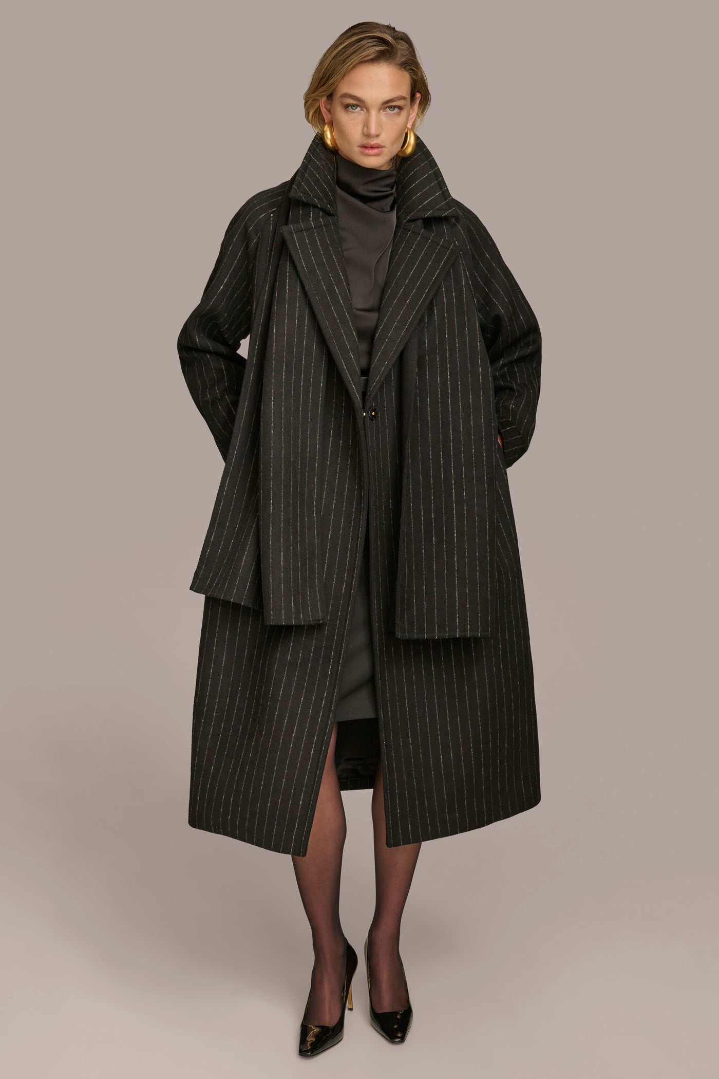 Chalk/Black Stripe WOOL LONG COAT Donna Karan