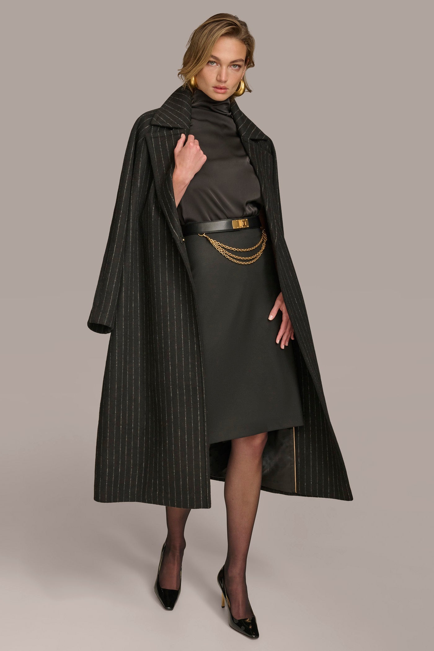 Chalk/Black Stripe WOOL LONG COAT Donna Karan