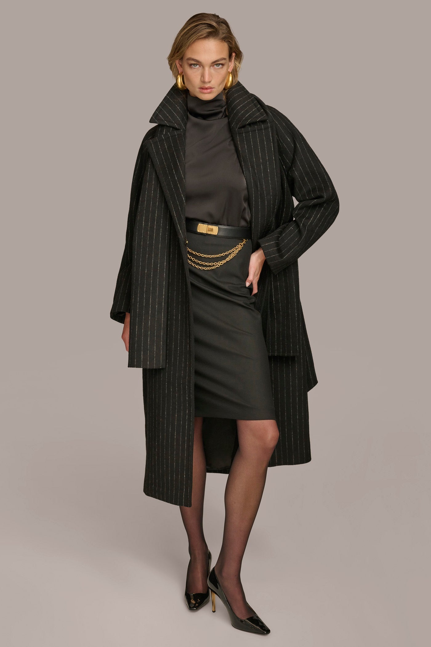 Chalk/Black Stripe WOOL LONG COAT Donna Karan