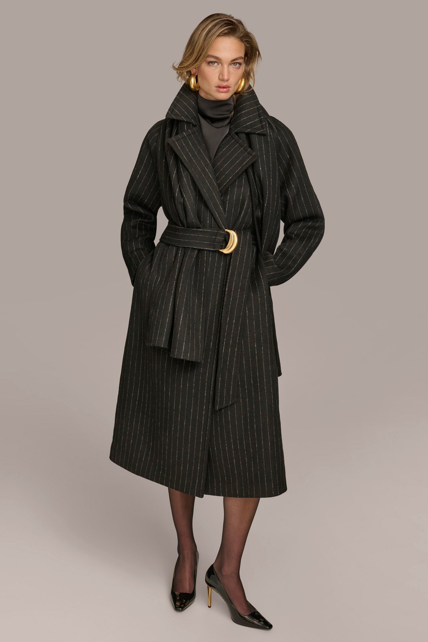 Chalk/Black Stripe WOOL LONG COAT Donna Karan