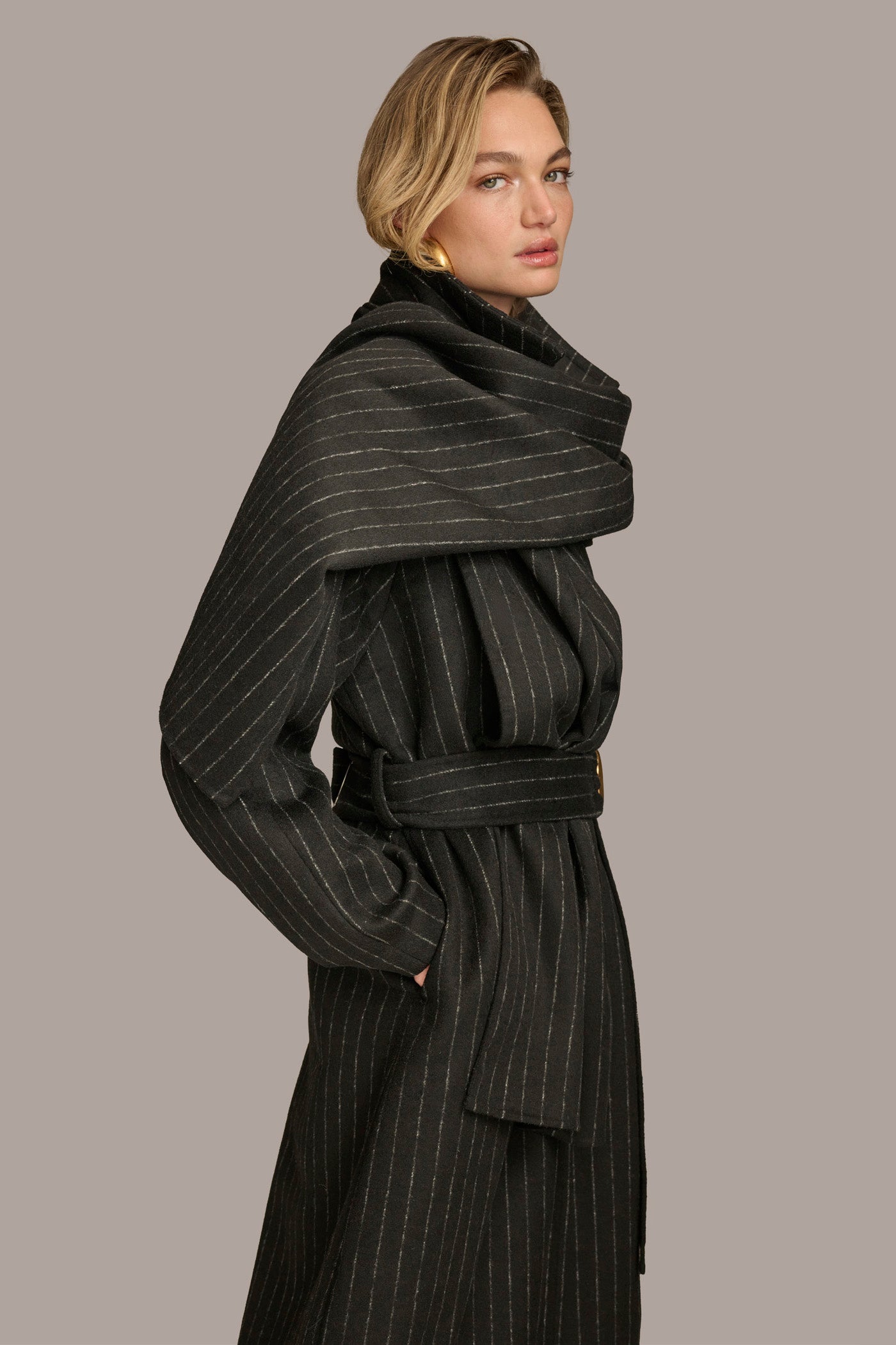 Chalk/Black Stripe WOOL LONG COAT Donna Karan