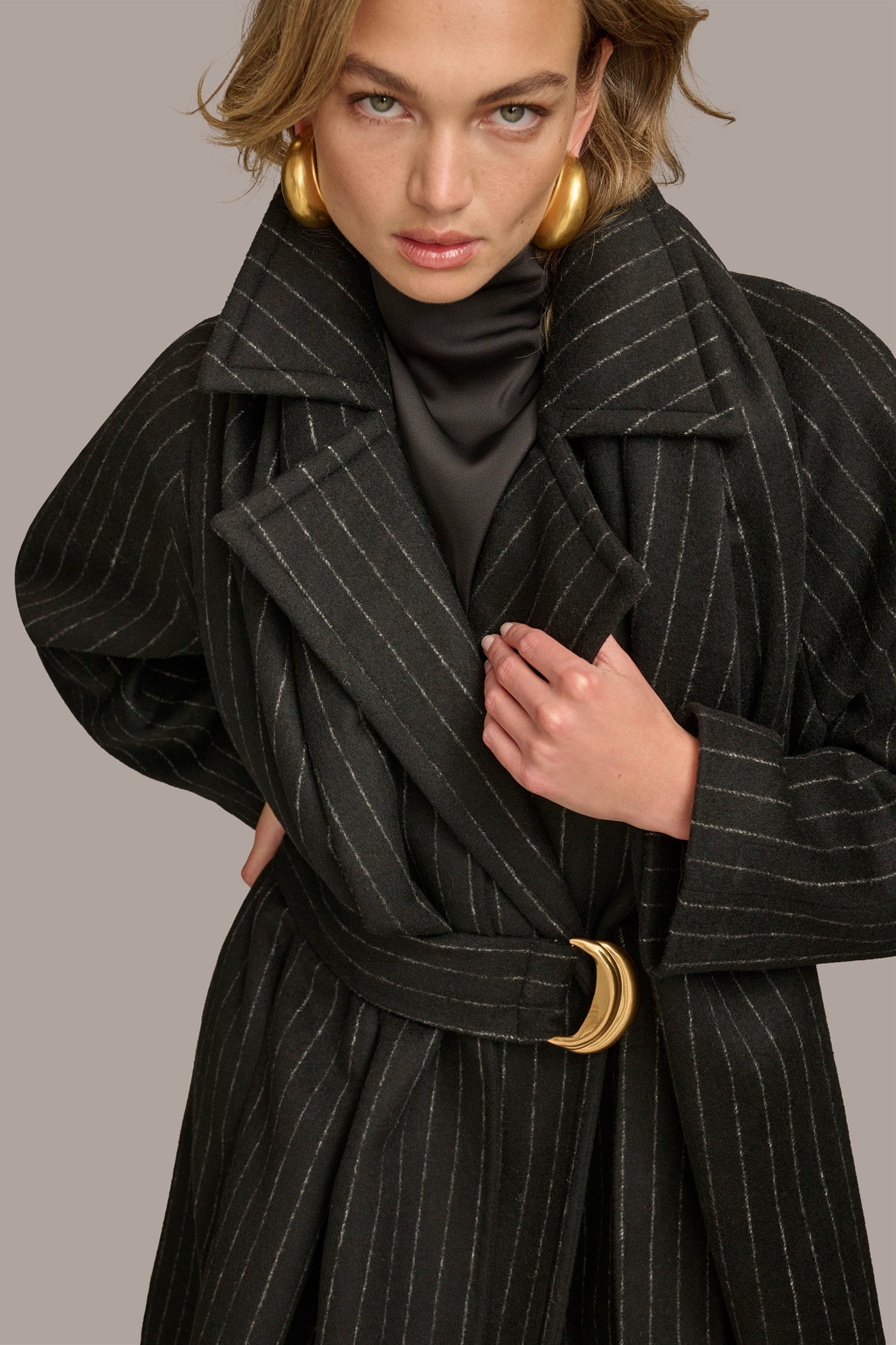 Chalk/Black Stripe WOOL LONG COAT Donna Karan