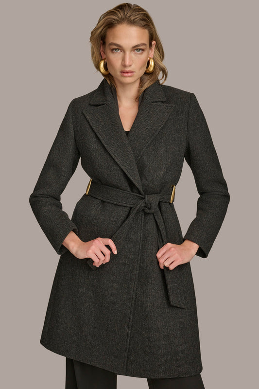 Black WOOL LONG WRAP COAT Donna Karan