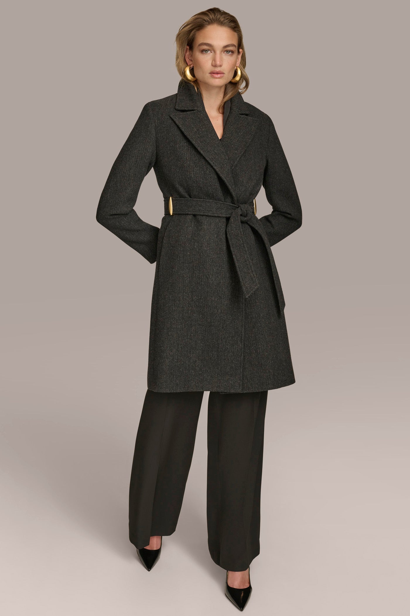 Black WOOL LONG WRAP COAT Donna Karan