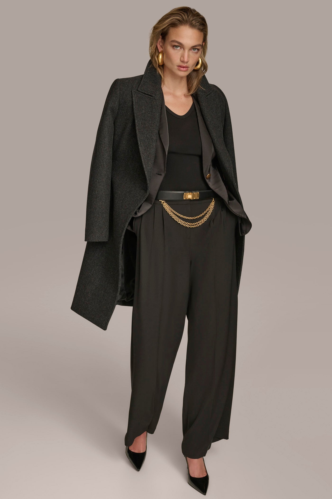 Black WOOL LONG WRAP COAT Donna Karan