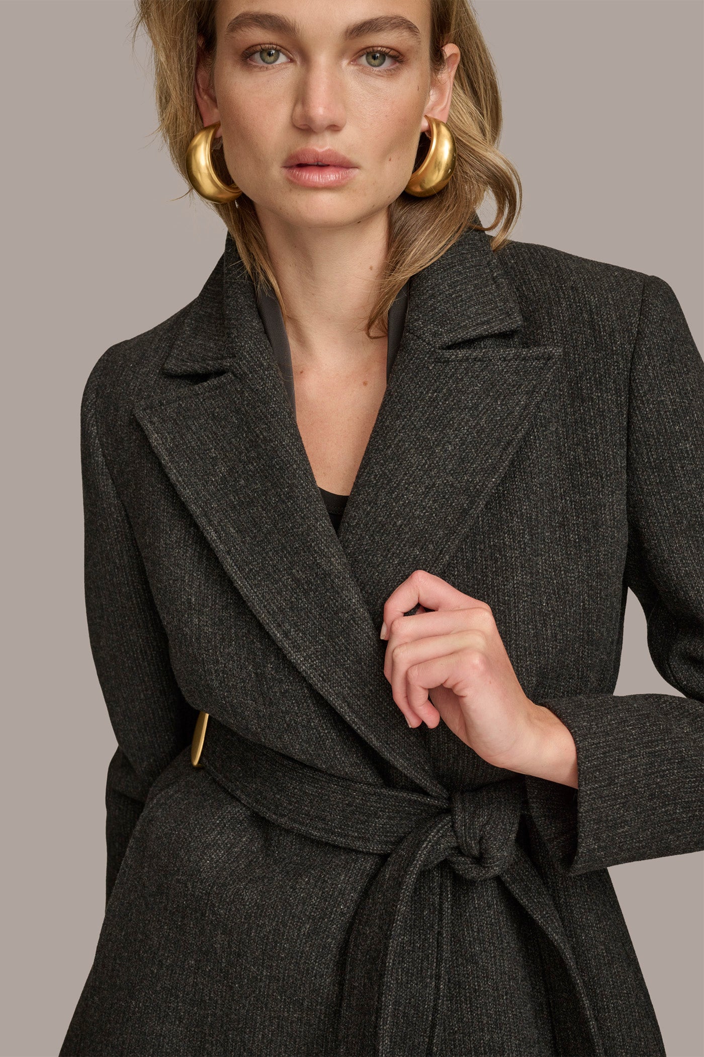 Black WOOL LONG WRAP COAT Donna Karan