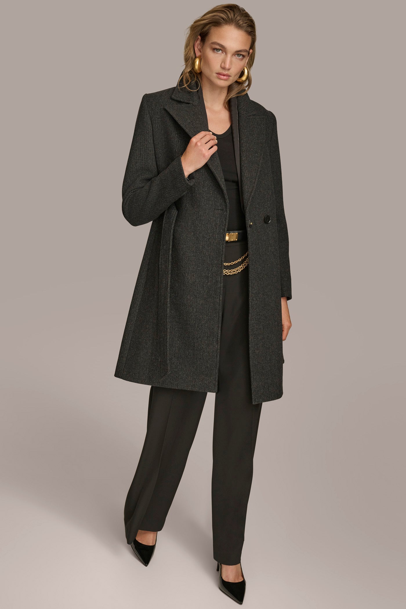 Black WOOL LONG WRAP COAT Donna Karan