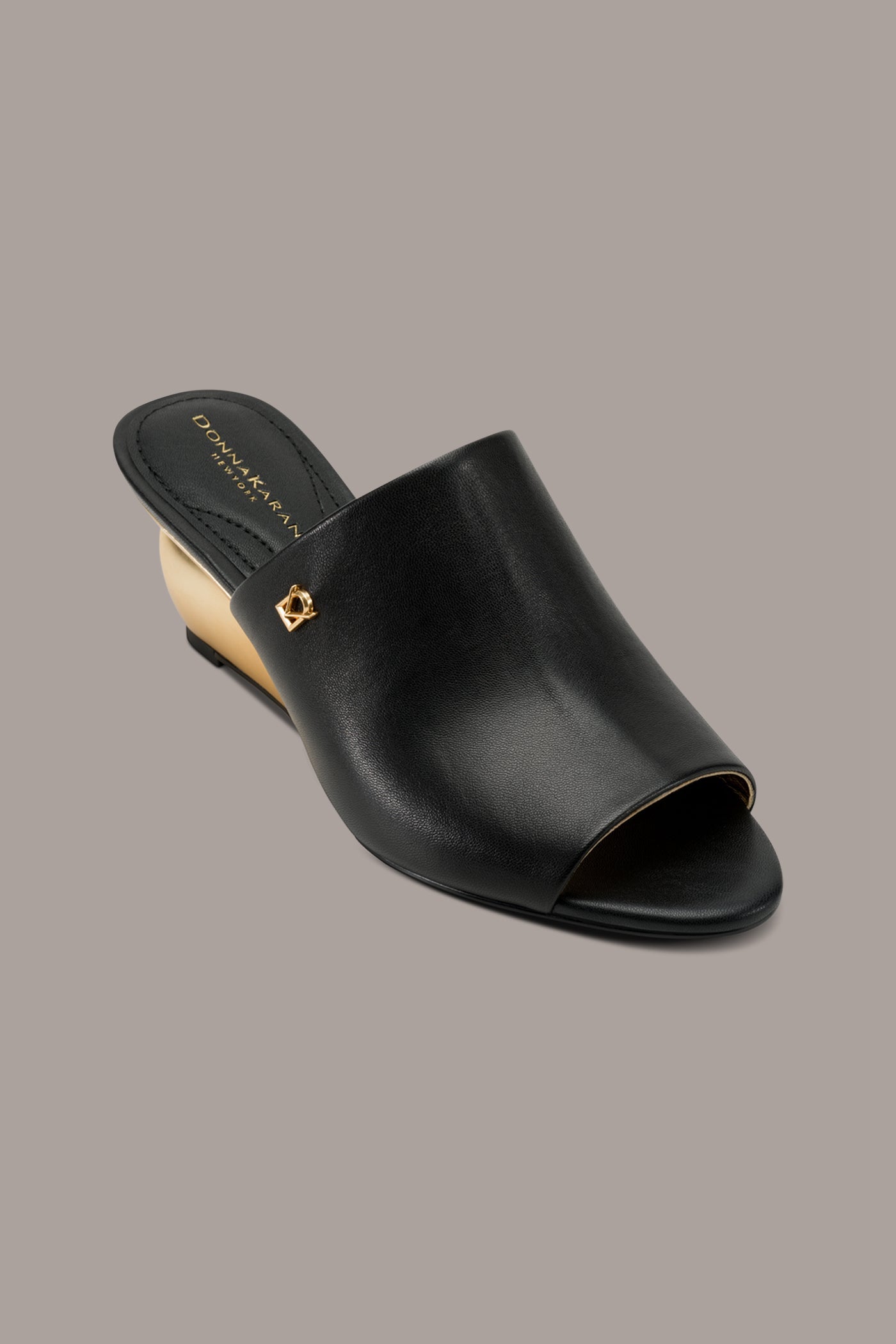 Black DONNA LEATHER WEDGE MULE SANDAL Donna Karan