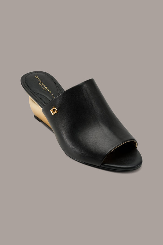 Black DONNA LEATHER WEDGE MULE SANDAL Donna Karan