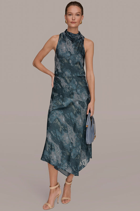 Blue Combo SLEEVELESS METALLIC BURNOUT DRESS Donna Karan