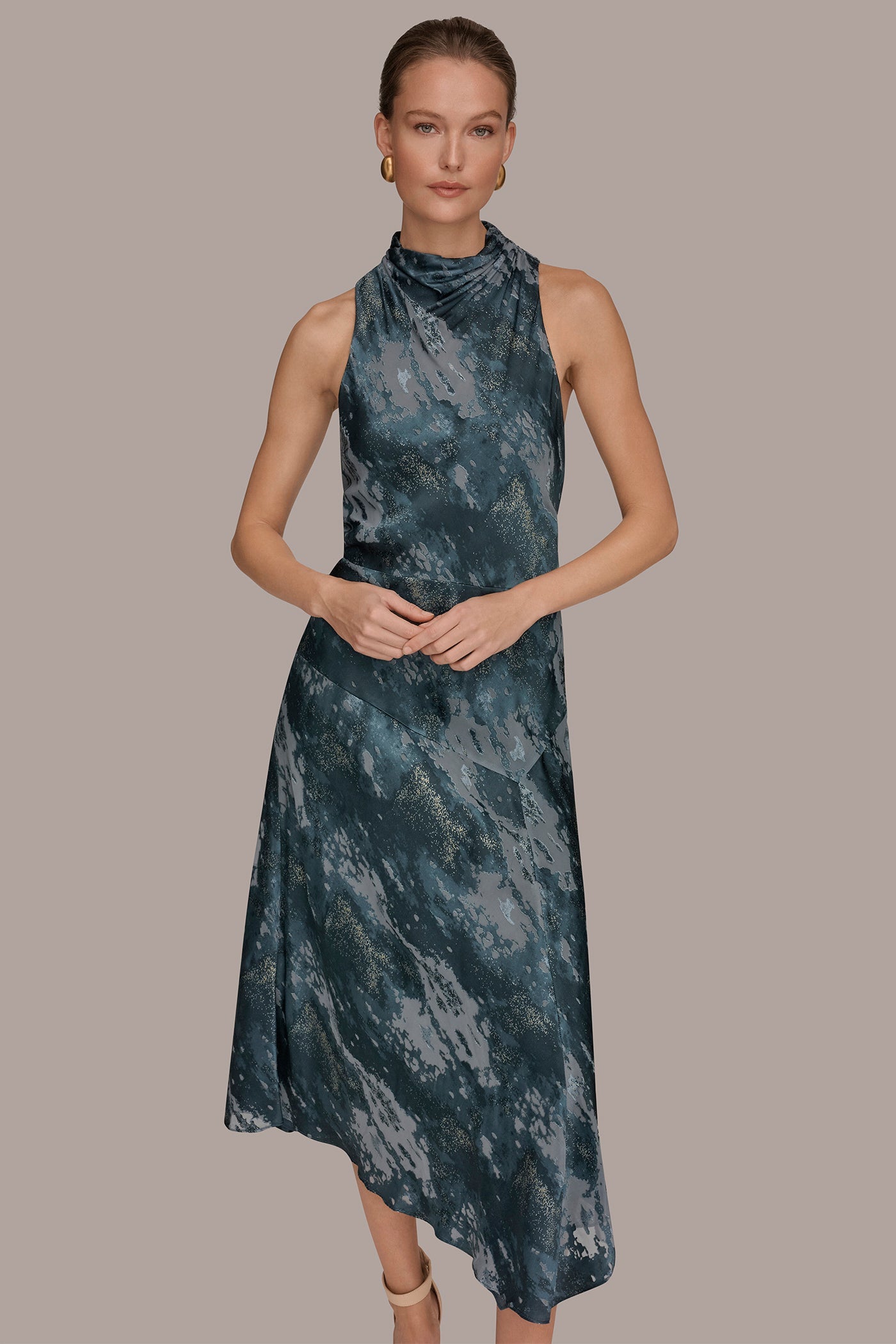Blue Combo SLEEVELESS METALLIC BURNOUT DRESS Donna Karan
