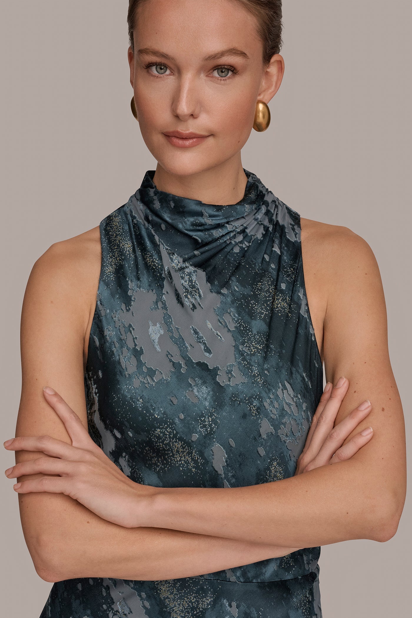 Blue Combo SLEEVELESS METALLIC BURNOUT DRESS Donna Karan