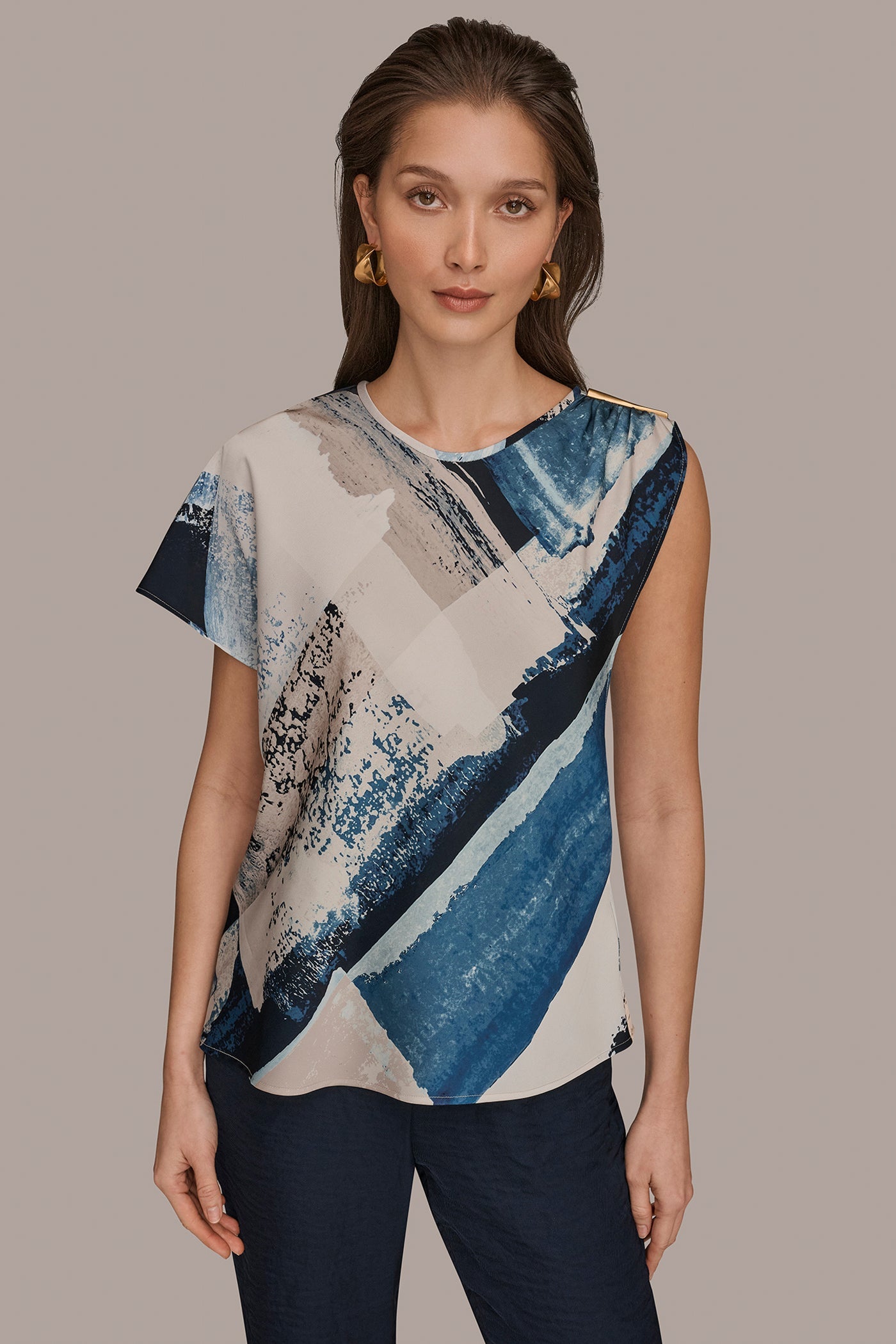 Washed Indigo/Cream Multi ASYMMETRICAL SHOULDER BLOUSE Donna Karan