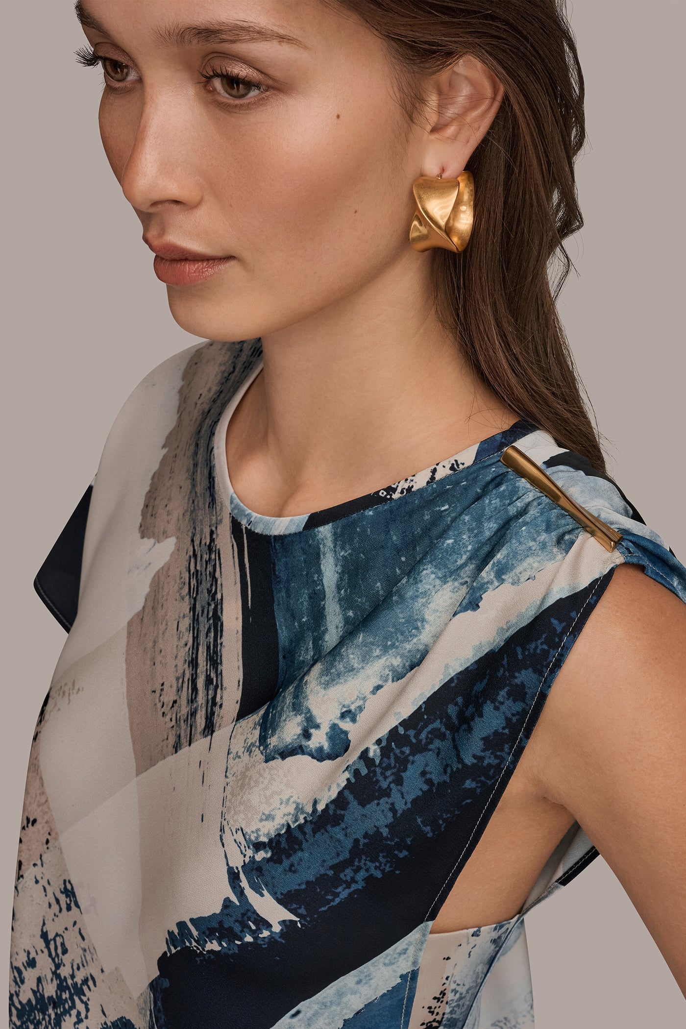 Washed Indigo/Cream Multi ASYMMETRICAL SHOULDER BLOUSE Donna Karan