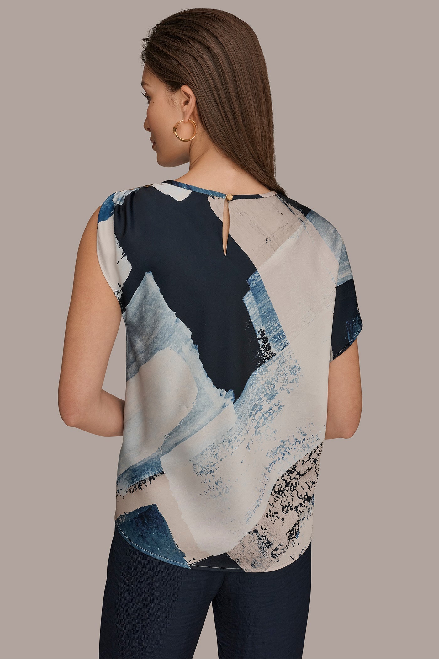 Washed Indigo/Cream Multi ASYMMETRICAL SHOULDER BLOUSE Donna Karan