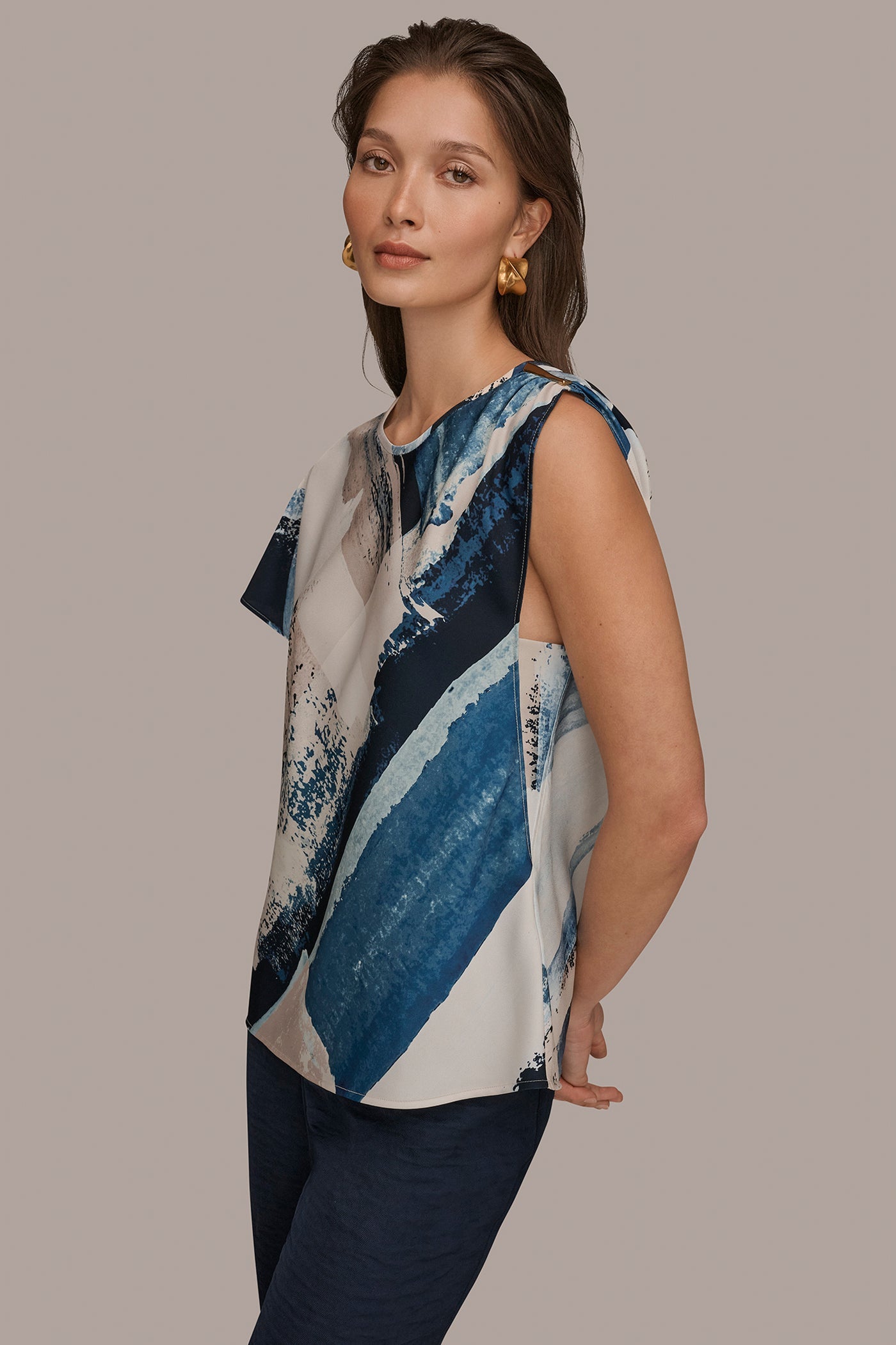 Washed Indigo/Cream Multi ASYMMETRICAL SHOULDER BLOUSE Donna Karan