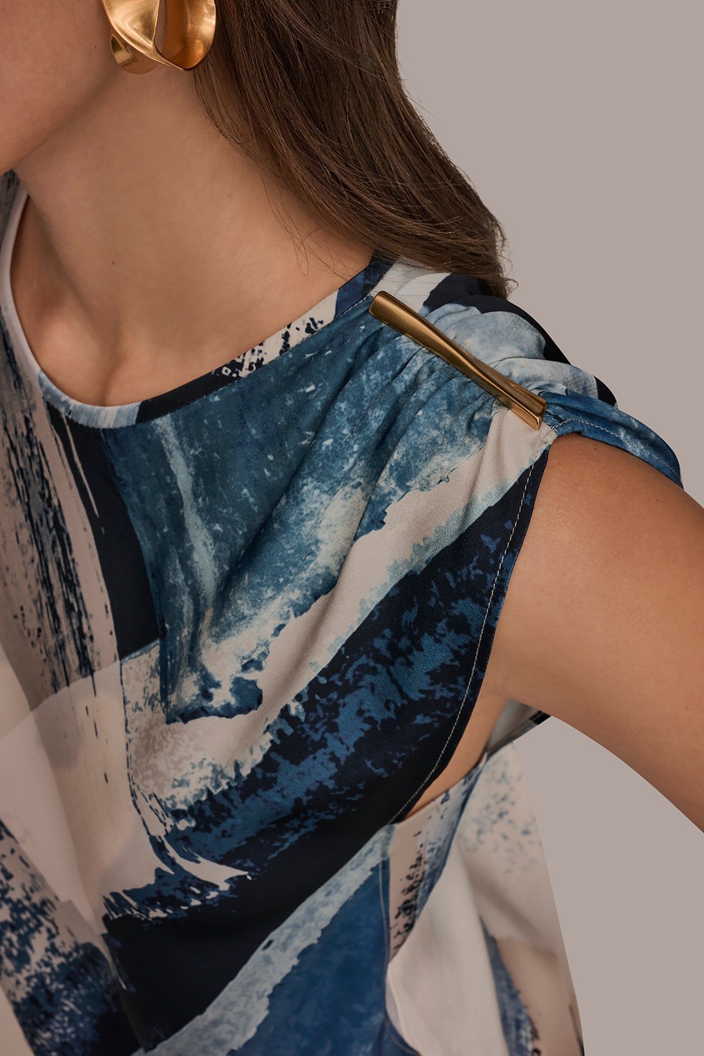 Washed Indigo/Cream Multi ASYMMETRICAL SHOULDER BLOUSE Donna Karan