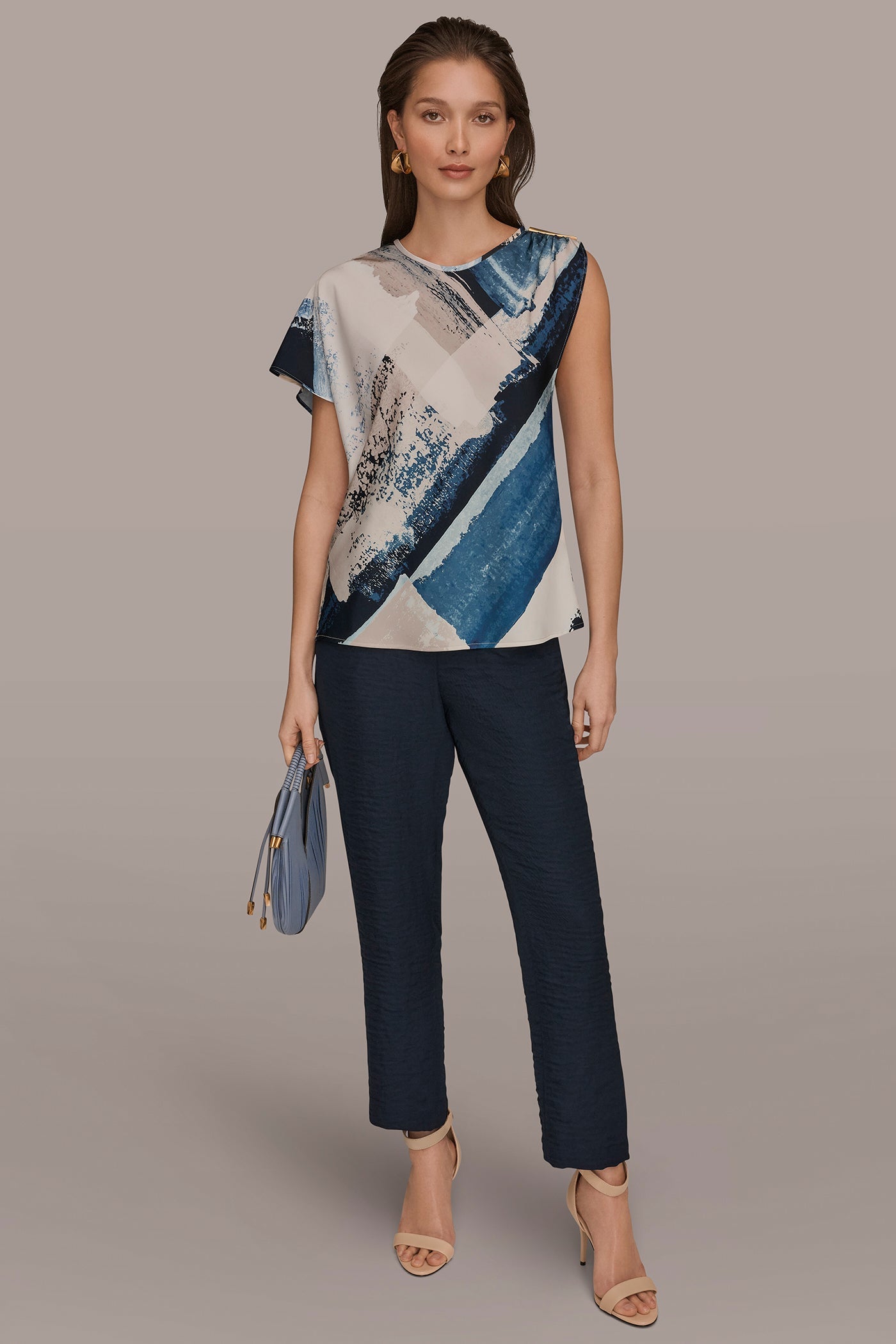 Washed Indigo/Cream Multi ASYMMETRICAL SHOULDER BLOUSE Donna Karan