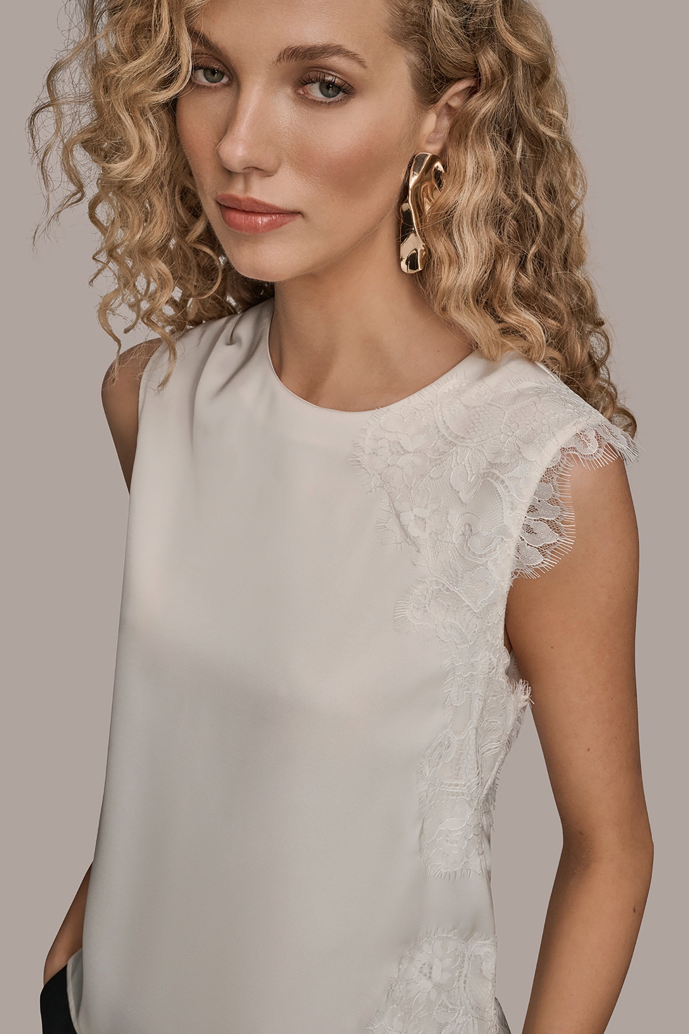 Cream SLEEVELESS LACE-TRIM CREPE BLOUSE Donna Karan