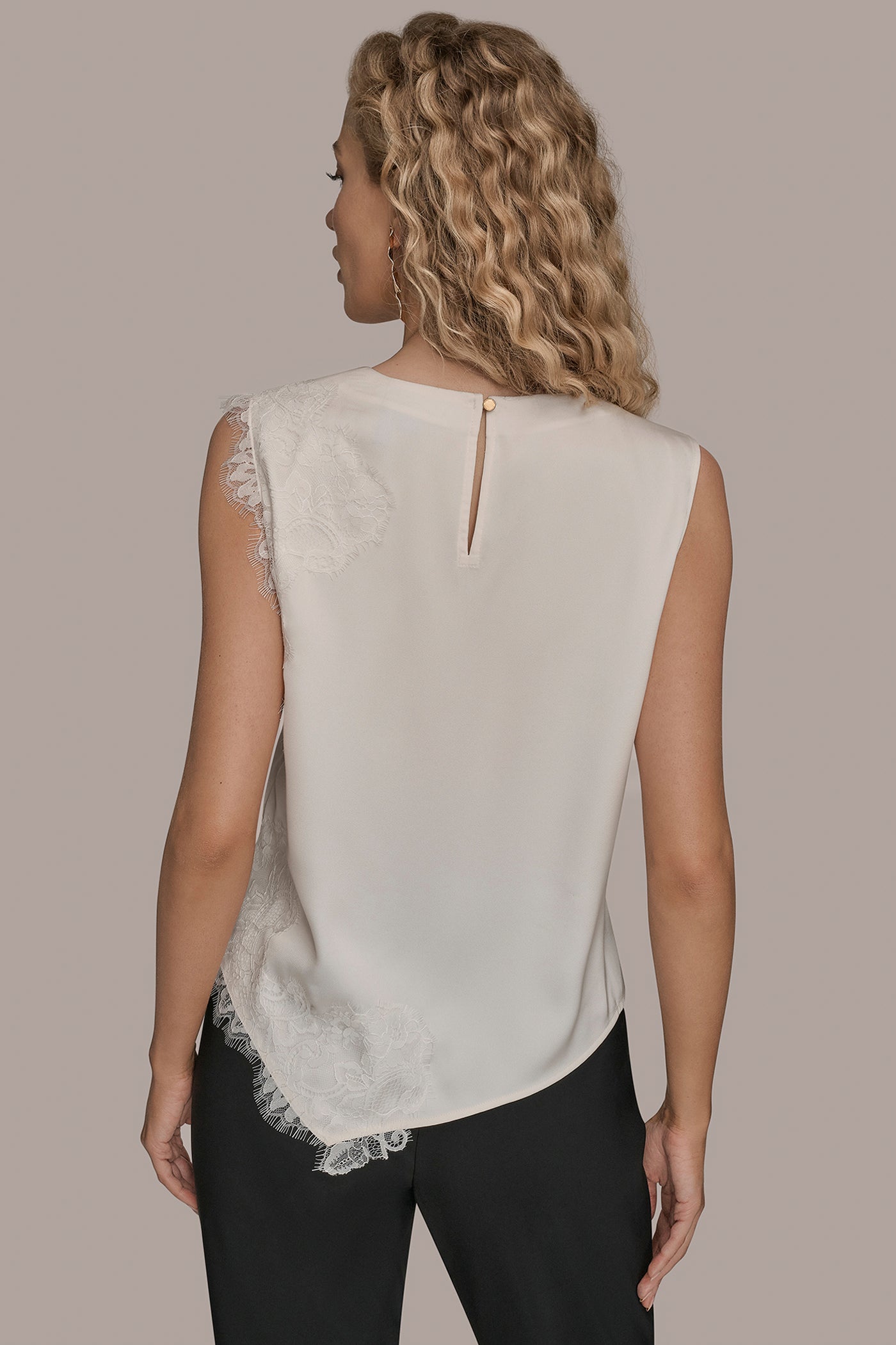 Cream SLEEVELESS LACE-TRIM CREPE BLOUSE Donna Karan