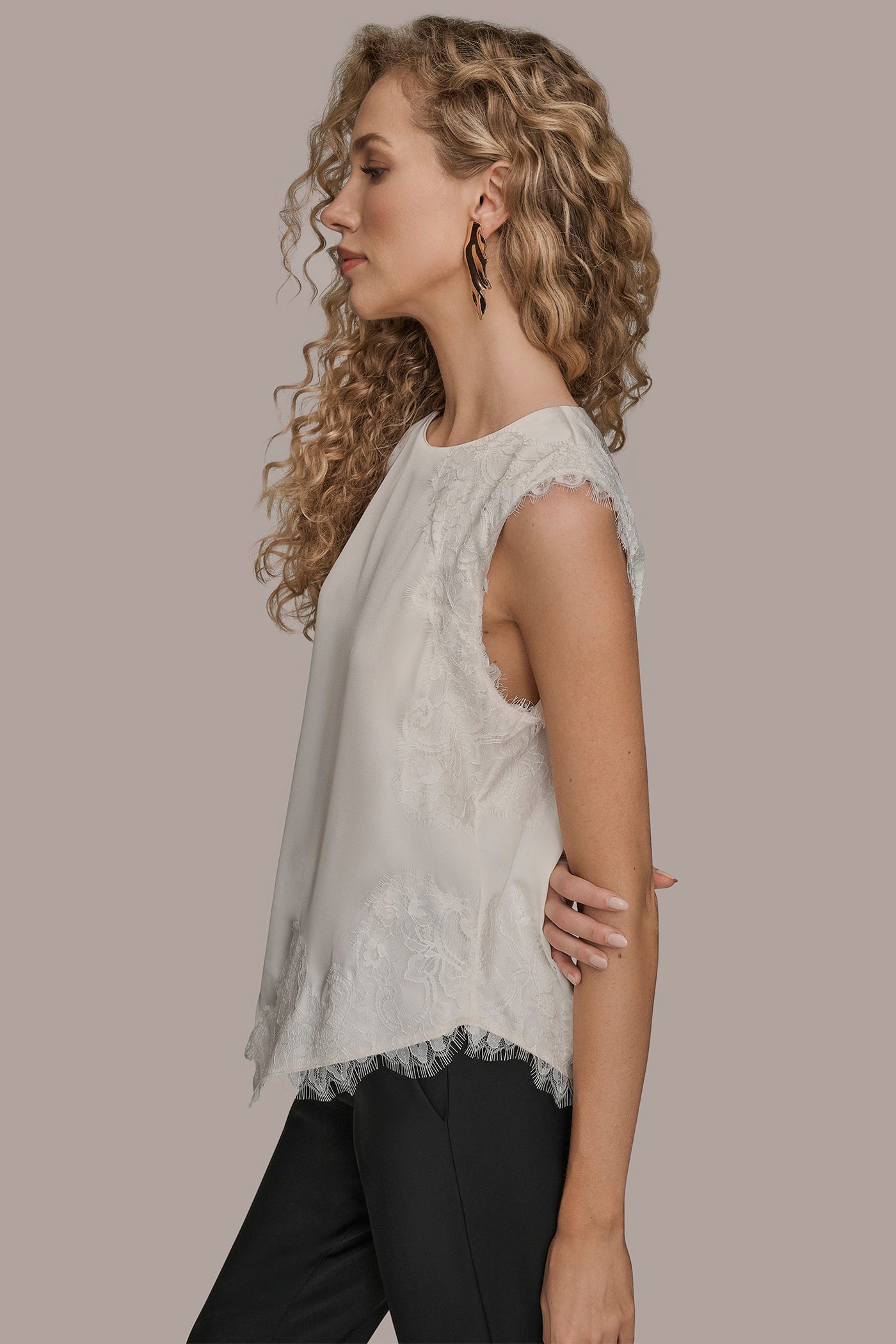 Cream SLEEVELESS LACE-TRIM CREPE BLOUSE Donna Karan