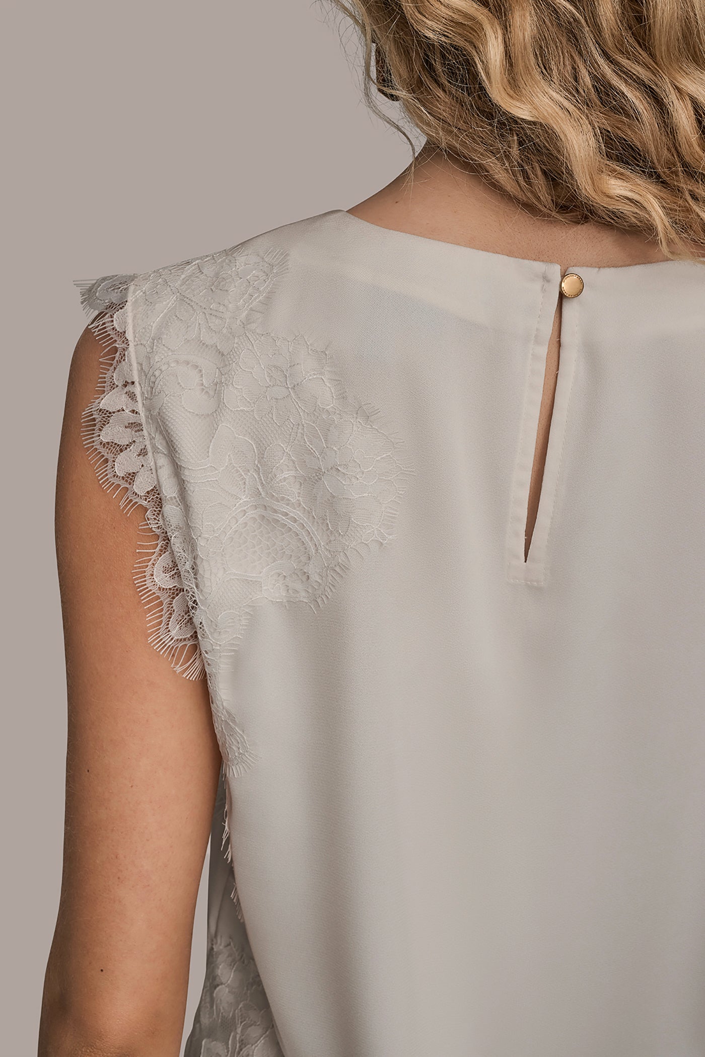 Cream SLEEVELESS LACE-TRIM CREPE BLOUSE Donna Karan