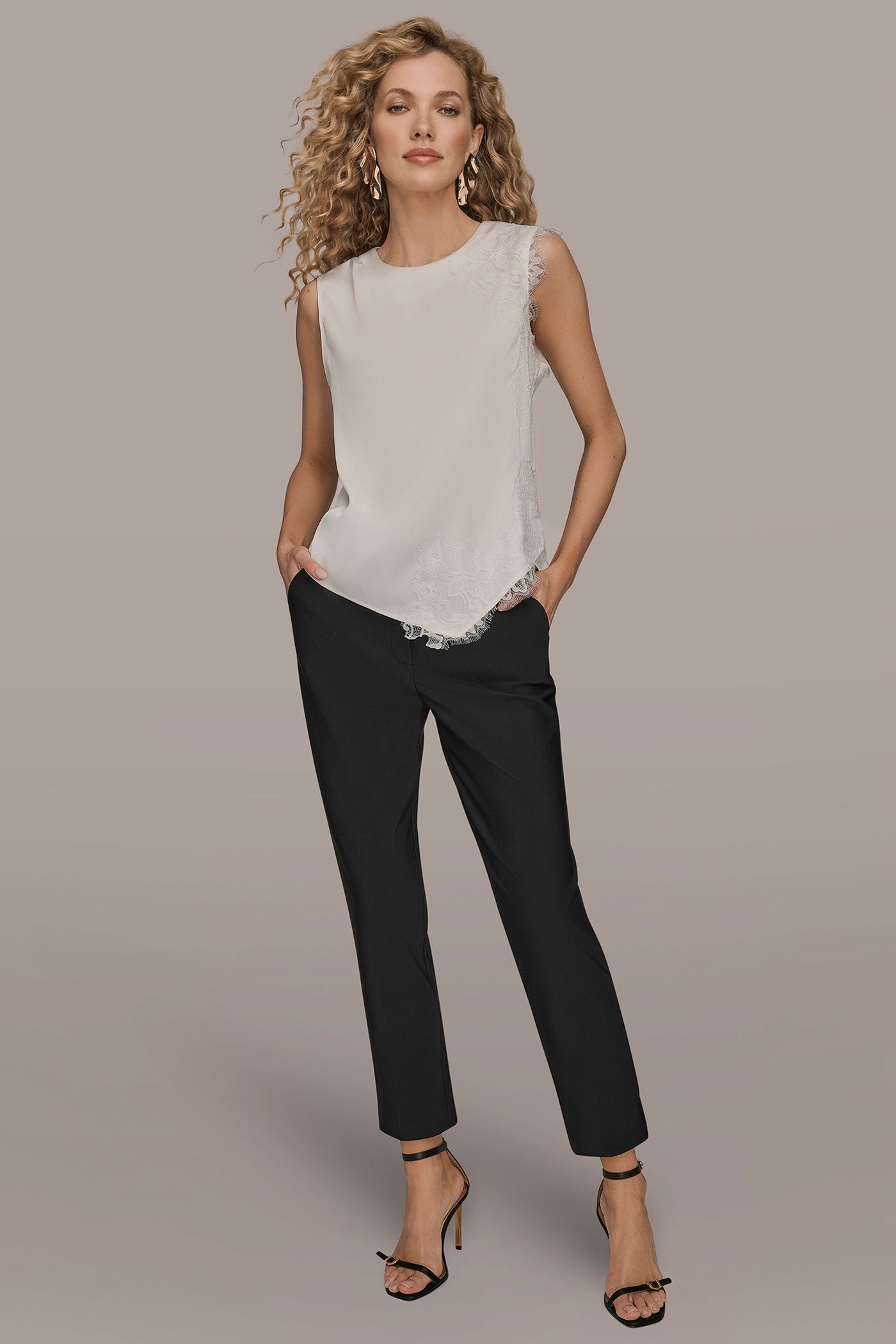 Cream SLEEVELESS LACE-TRIM CREPE BLOUSE Donna Karan