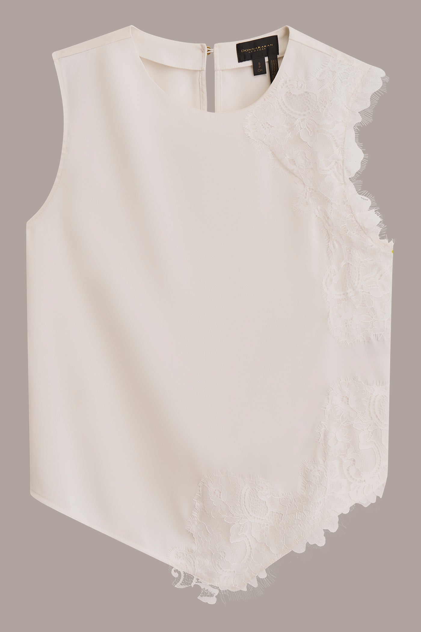 Cream SLEEVELESS LACE-TRIM CREPE BLOUSE Donna Karan