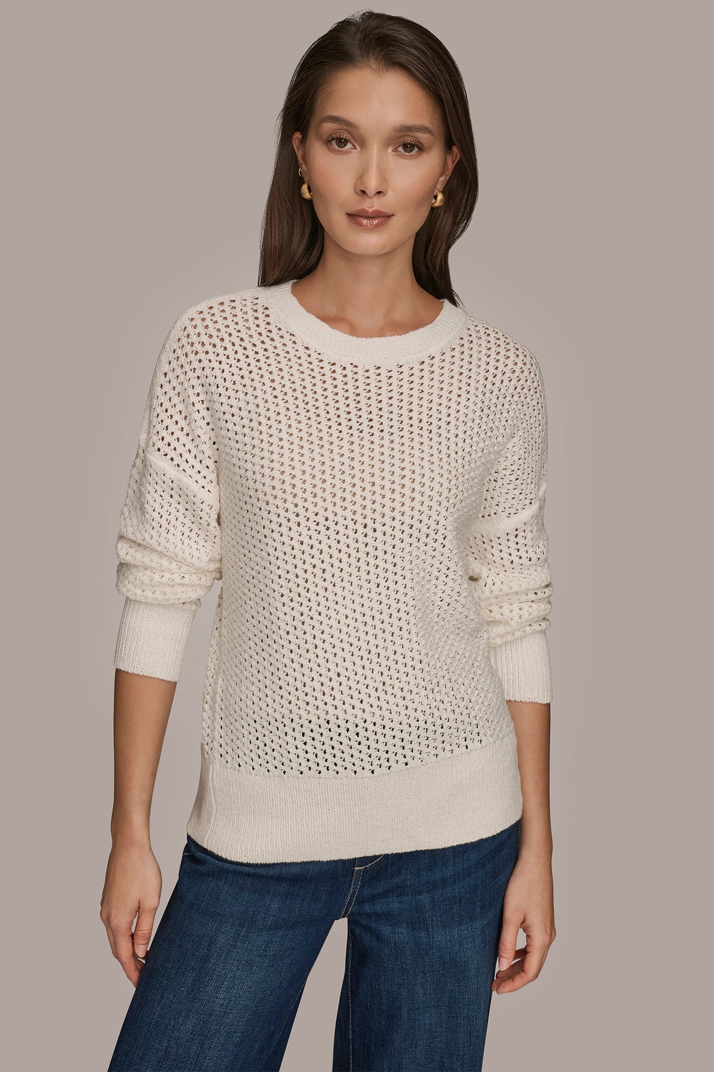 CREAM LONG SLEEVE OPEN STITCH SWEATER Donna Karan