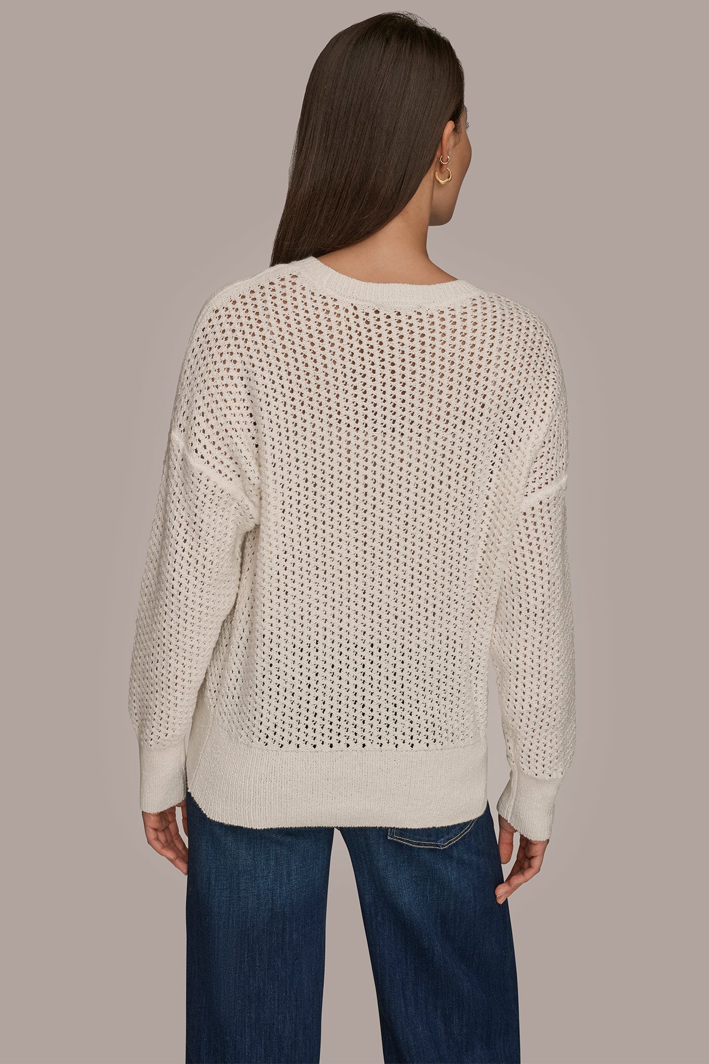 CREAM LONG SLEEVE OPEN STITCH SWEATER Donna Karan