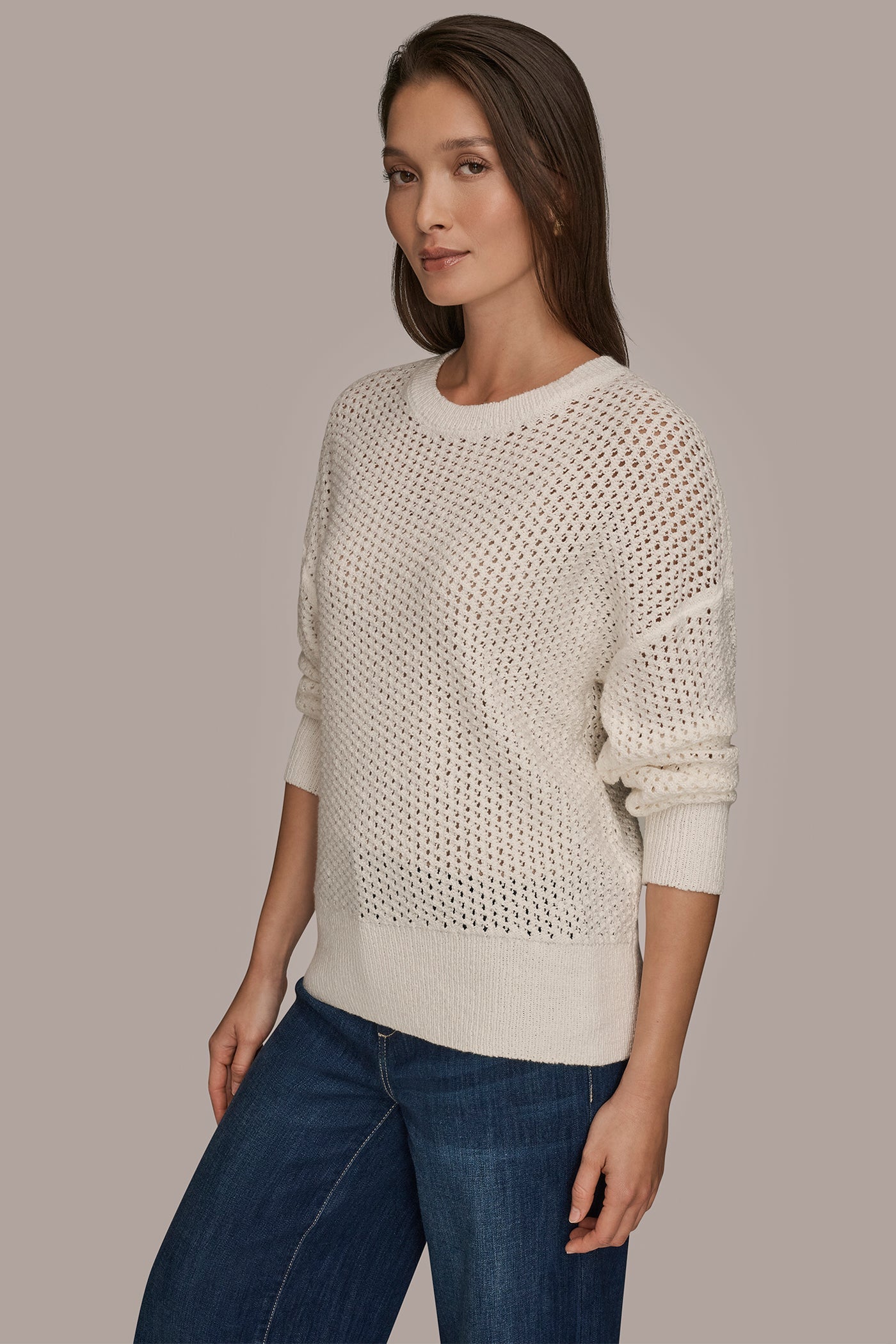 CREAM LONG SLEEVE OPEN STITCH SWEATER Donna Karan