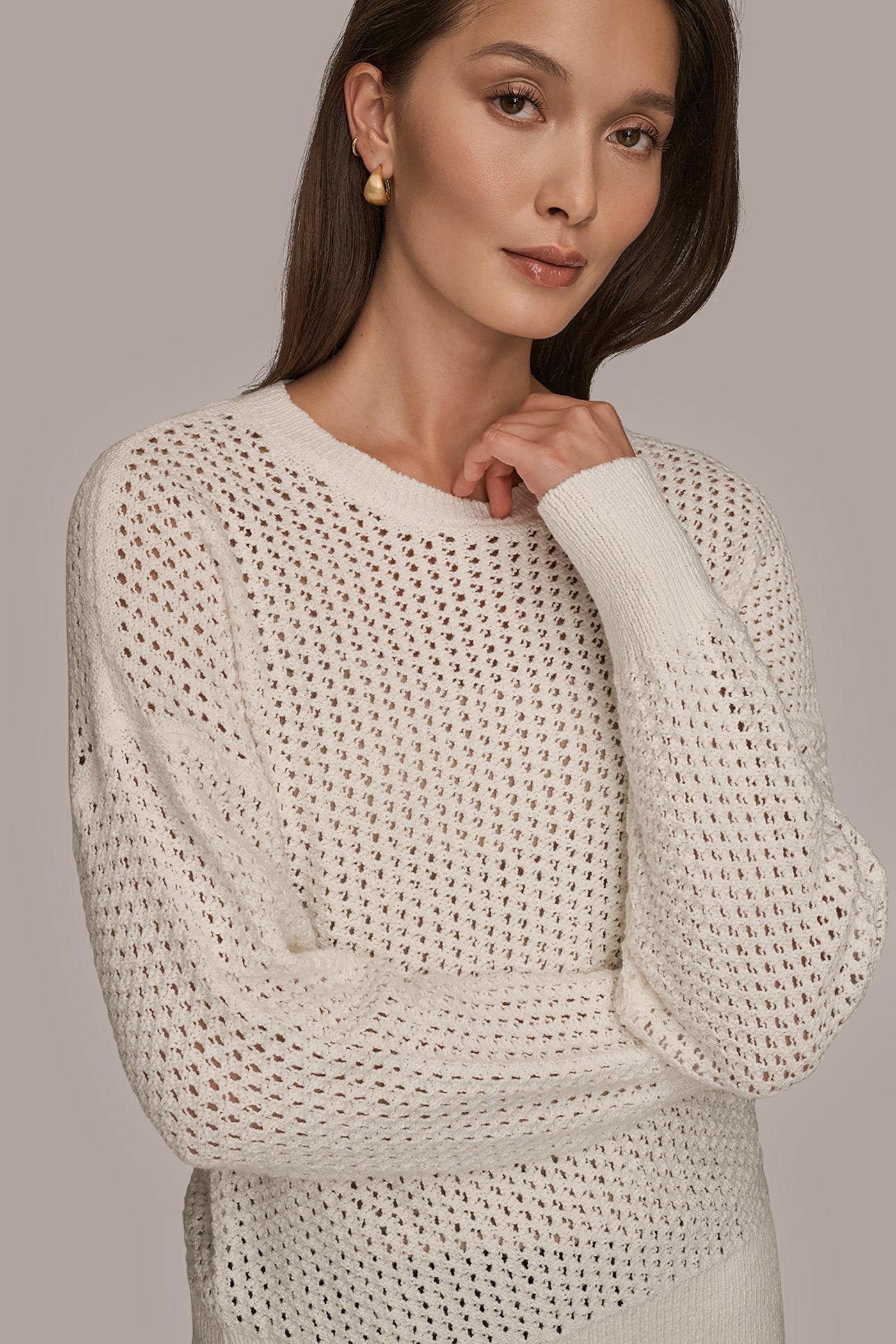 CREAM LONG SLEEVE OPEN STITCH SWEATER Donna Karan