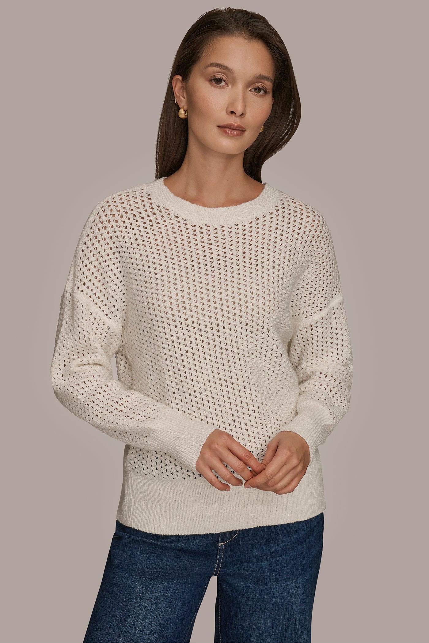 CREAM LONG SLEEVE OPEN STITCH SWEATER Donna Karan