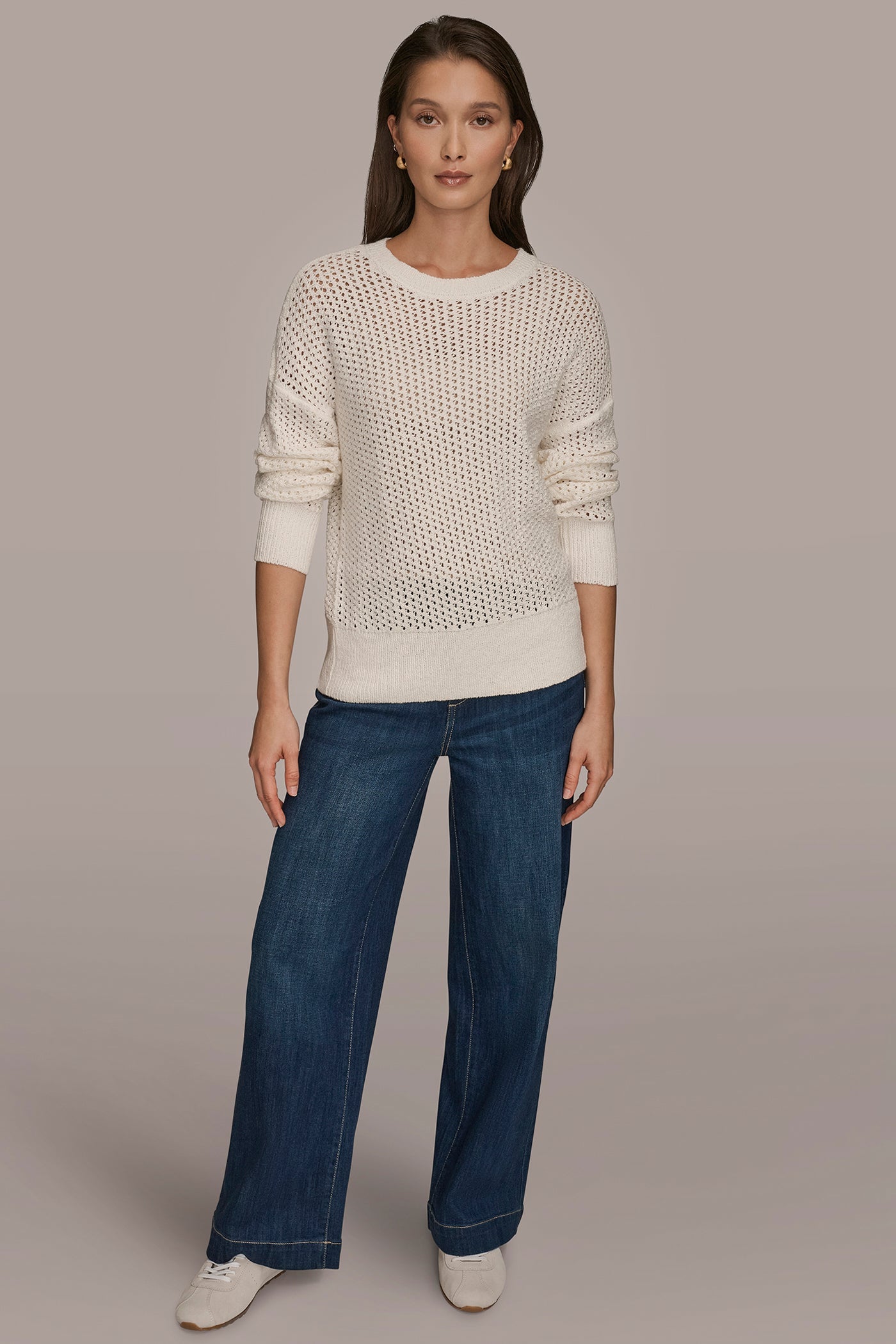 CREAM LONG SLEEVE OPEN STITCH SWEATER Donna Karan