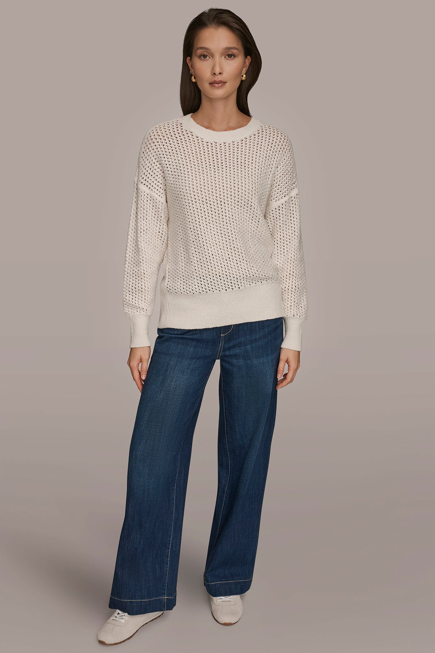 CREAM LONG SLEEVE OPEN STITCH SWEATER Donna Karan