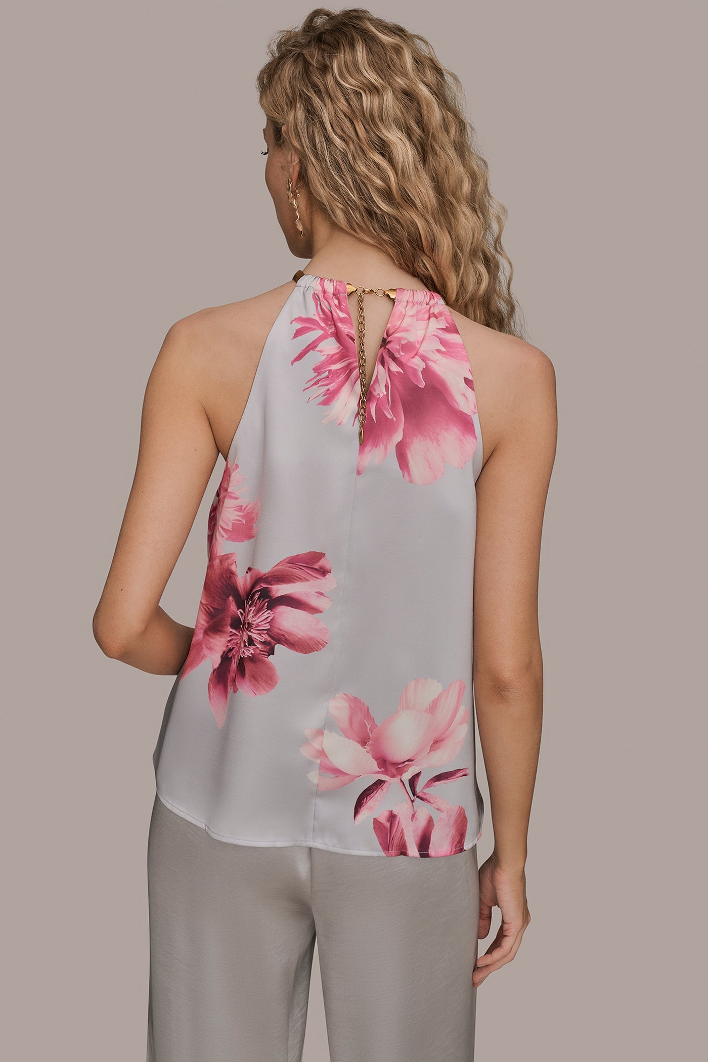 PINK SANDS MULTI FLORAL TWIST-NECK HALTER BLOUSE Donna Karan