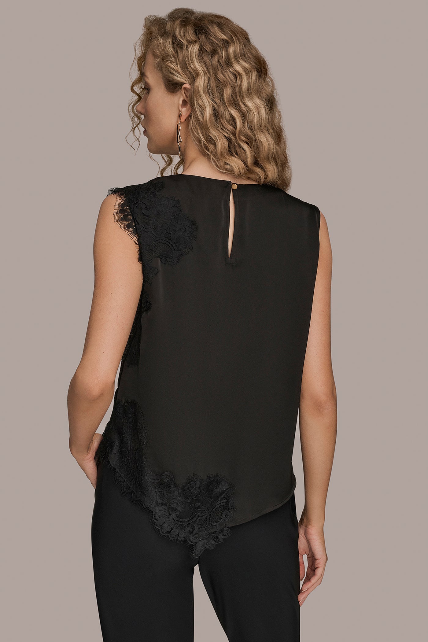 Black ASYMMETRIC LACE-TRIMMED BLOUSE Donna Karan