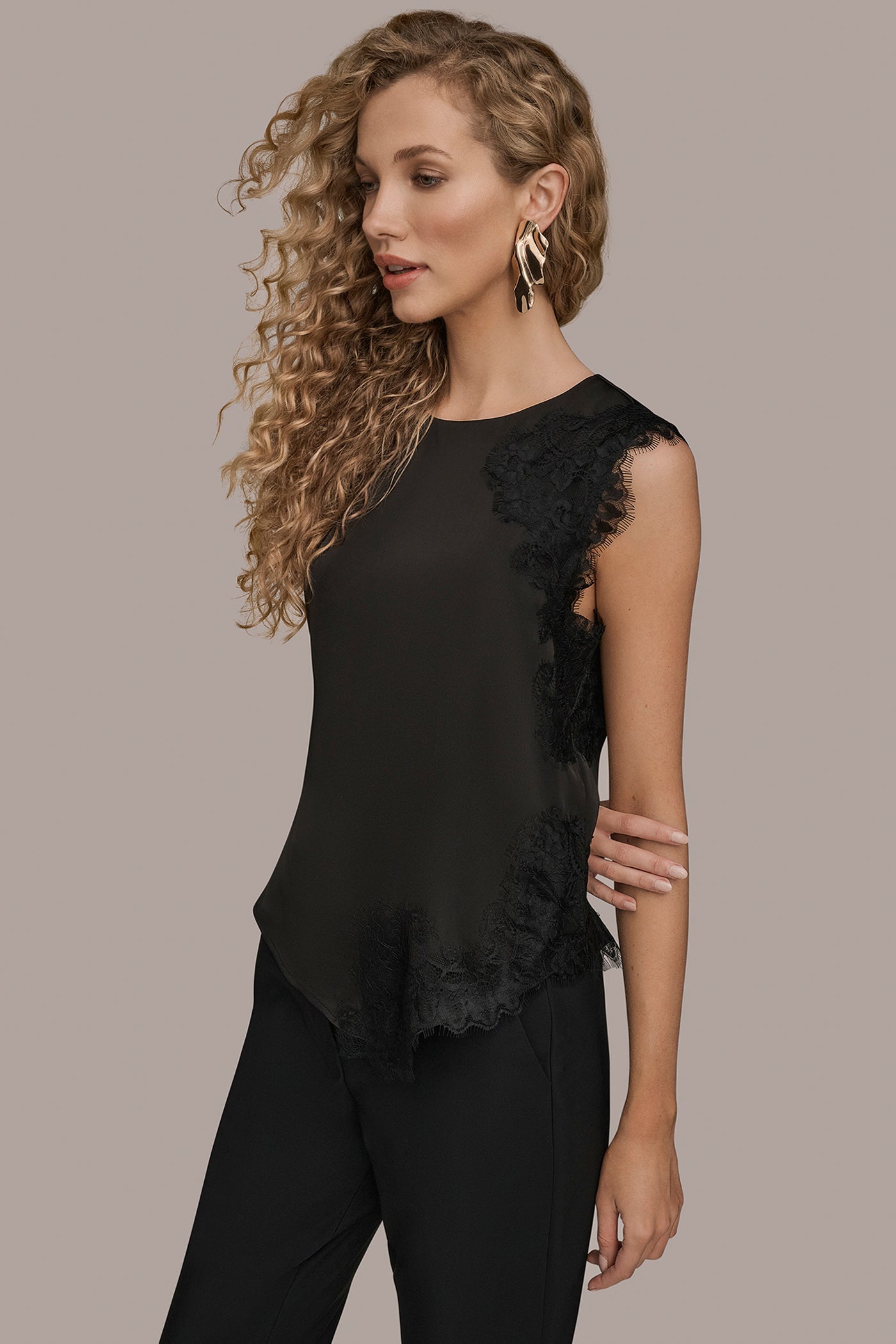 Black ASYMMETRIC LACE-TRIMMED BLOUSE Donna Karan