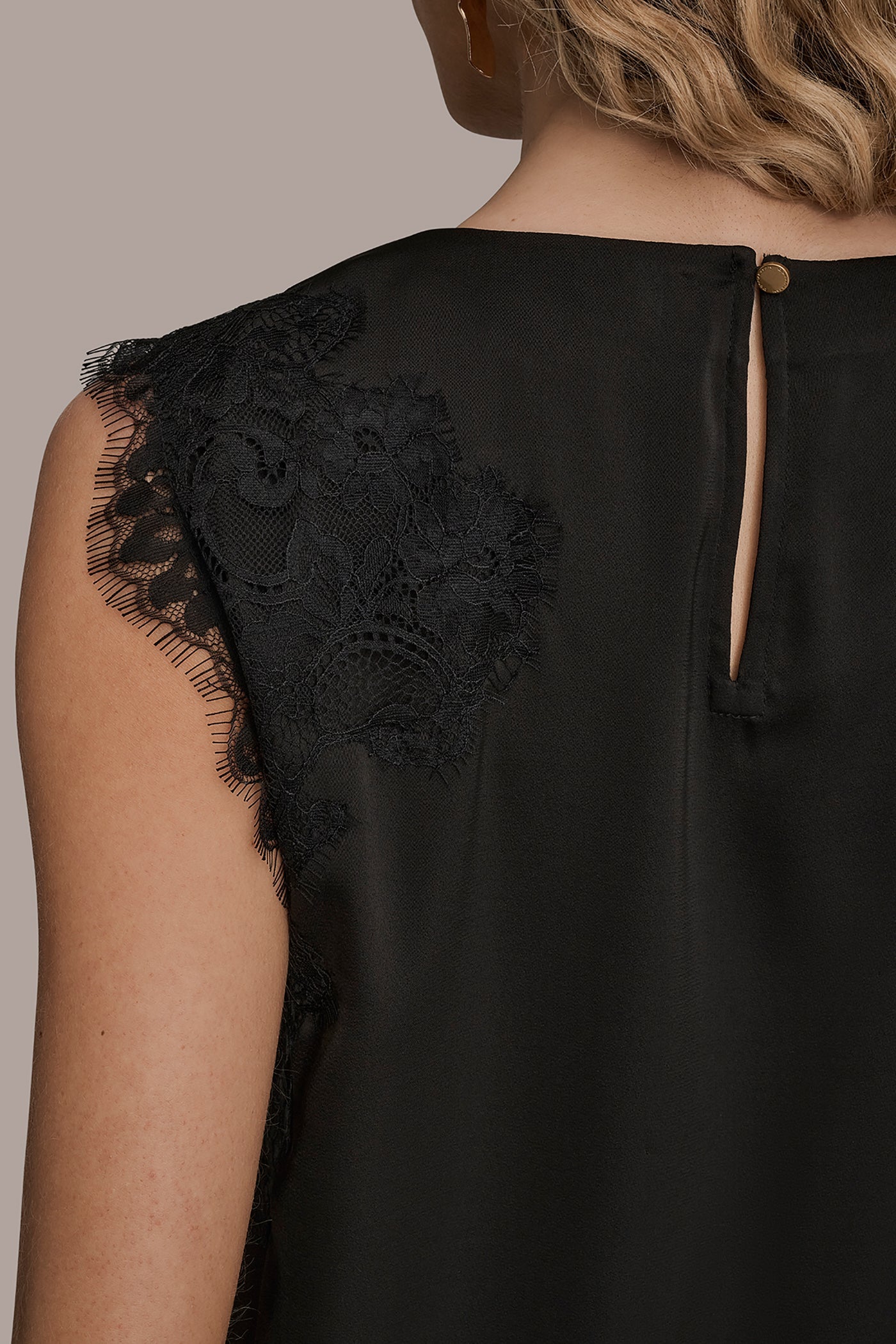 Black ASYMMETRIC LACE-TRIMMED BLOUSE Donna Karan