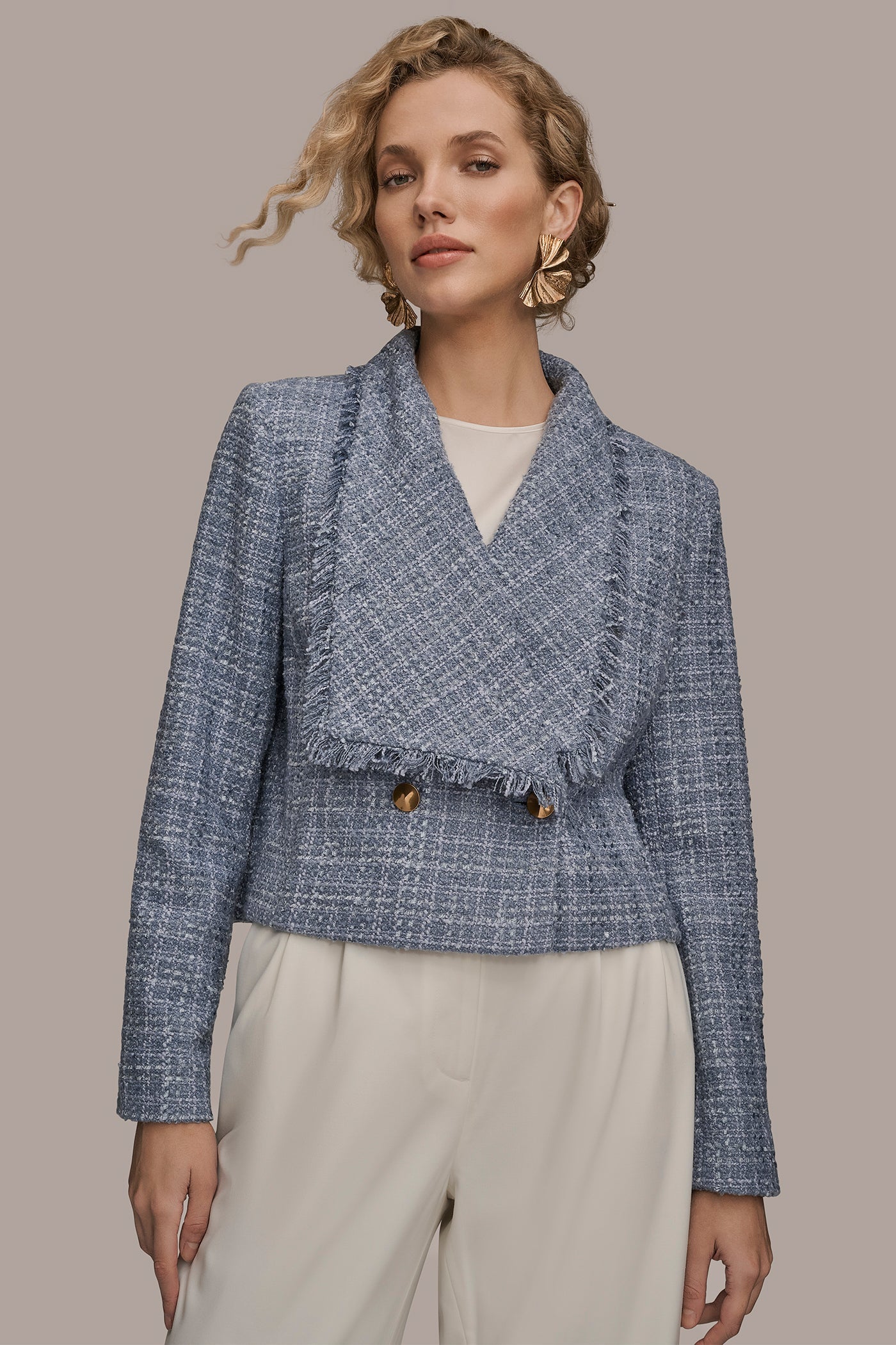 TEMPEST CROPPED DOUBLE-BREASTED FRINGED TWEED JACKET Donna Karan